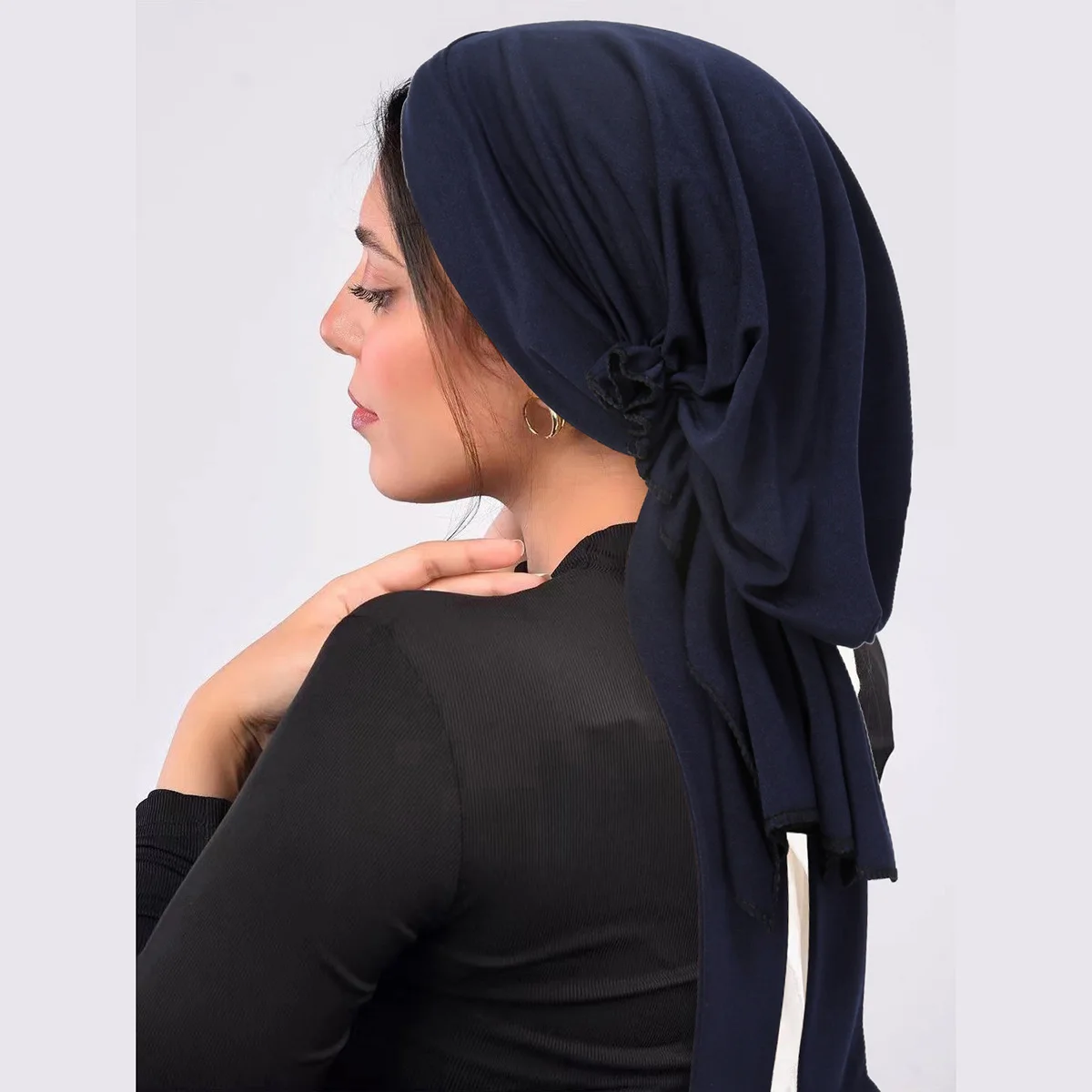 2024 New Solid Color Muslim Hijab Caps Wrap Head Soft Elastic Long Tail Turban Bonnet Fashion Women Headdress Wearable