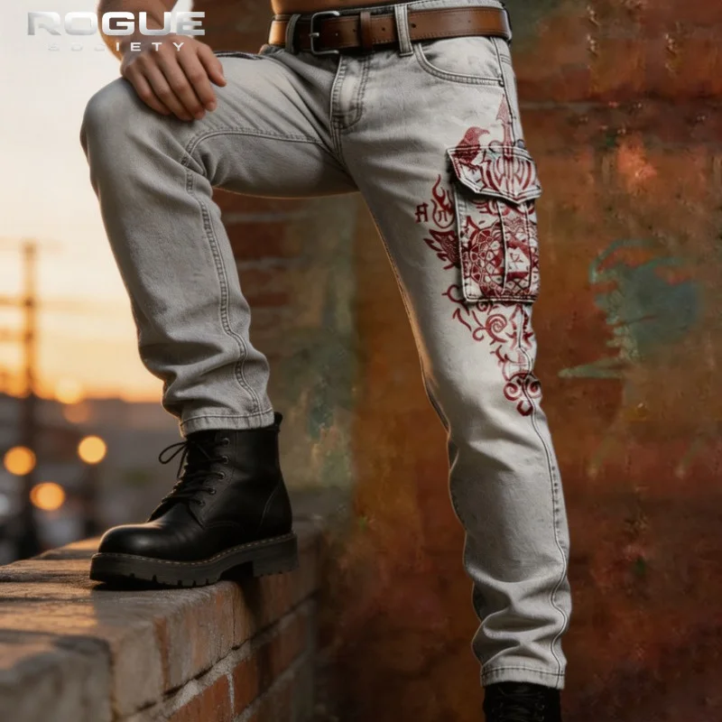 

Viking New Gothic Retro Punk Men Cargo Pants Norse Rune Print Jeans Streetwear Y2K Straight Leg Tactical Pants Grunge Aesthetic