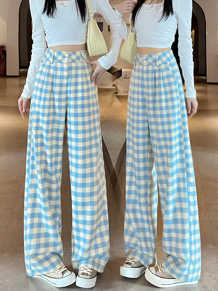 

Blue Plaid Wide Leg Pants High Waist Slim Straight Casual Floor Length Trousers for Short Women Spring Autumn New Arrival