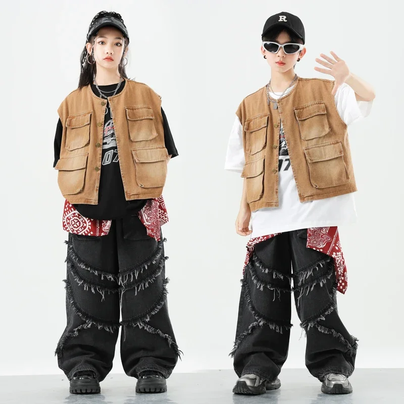 Hip Hop Stage Boys Vest Tshirt Cargo Pants Girls K-pop Cool Jazz Jacket Street Dance Costumes Children Clothes Kids Streetwear