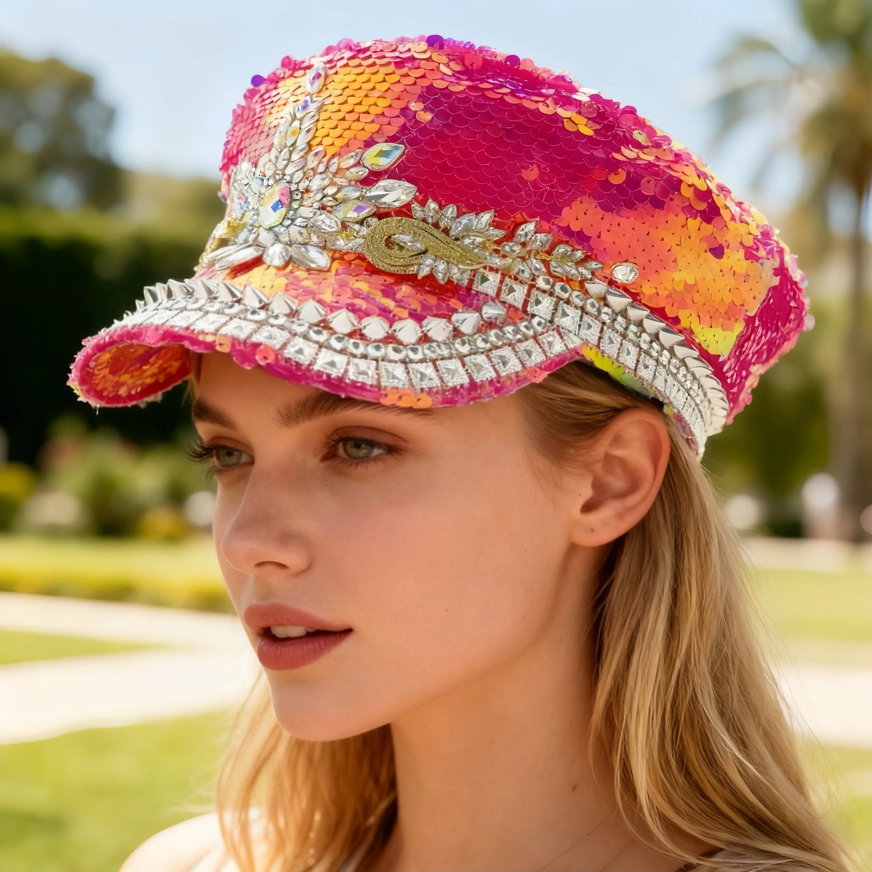 

HongLuan розовый блестящий дискотека в стиле стимпанк, капитанская шляпа со стразами для женского фестиваля Burning Man, военные аксессуары и военная кепка