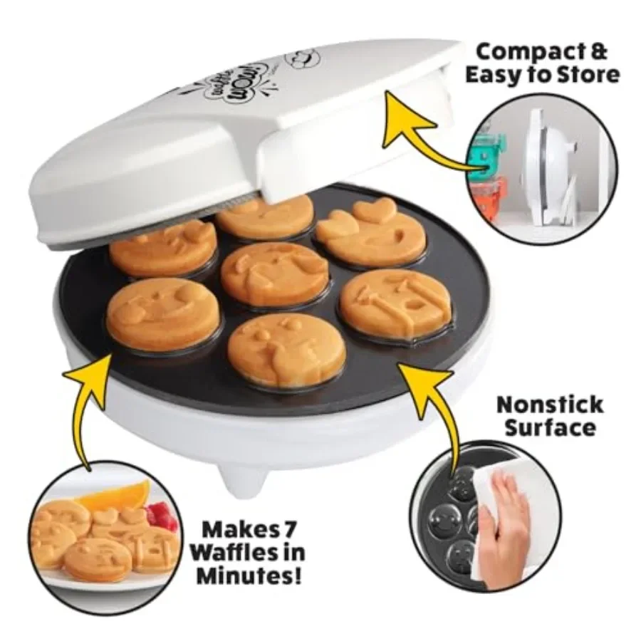 絵文字朝食2パックミニ電気ワッフルメーカーとノンスティックパンケーキパン、簡単なセットアップと掃除で楽しい絵文字顔を作成 I