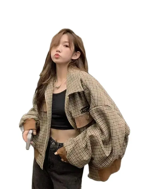 Vintage Houndstooth Coat Women Baseball Cropped Tops Zipper Patchwork Long Sleeve Jacket Plaid Short Winter Female Outwear