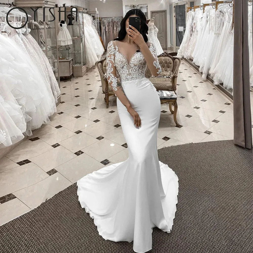 OYISHA Long Lace Sleeves Mermaid Wedding Dresses With Appliques V Neck Detachable Tulle Train Bridal Grown 2023 Robe De Mariée