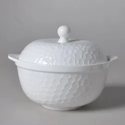 9 inch, plain white bone china tureen with lid, cute 3D water design, buffet dinner serving bowl, soup containers thermos soup
