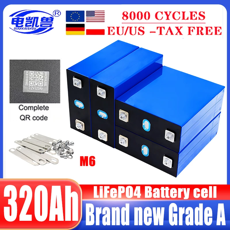 

320Ah 3.2V New 8000 cycle LiFePO4 rechargeable battery, suitable for DIY 12V 24V 48V caravan marine solar energy system no tax