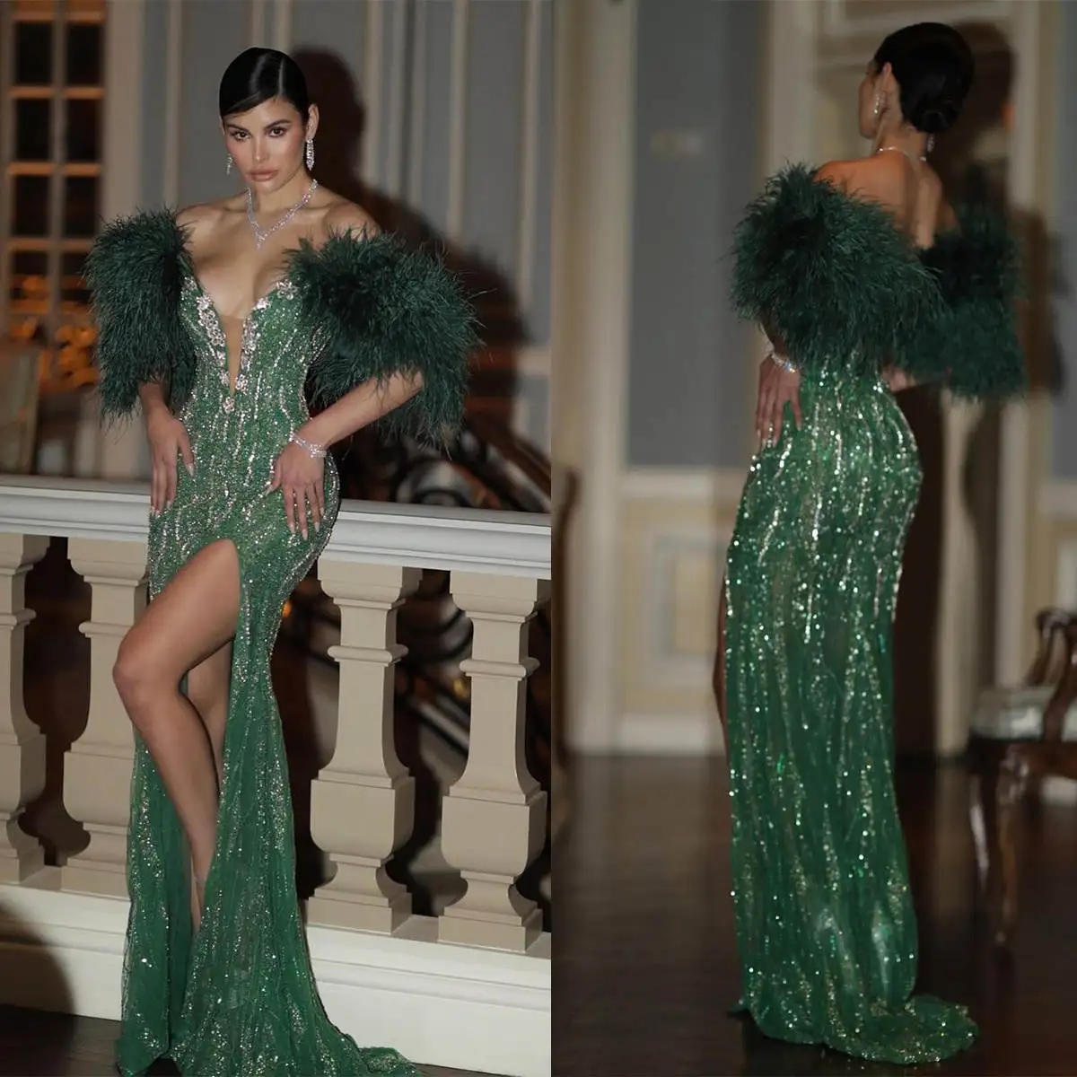 

Green Mermaid Evening Dresses With Ostrich Feather Wraps Designer Sequined Prom Gowns FCustom Made Side Split Formal Special