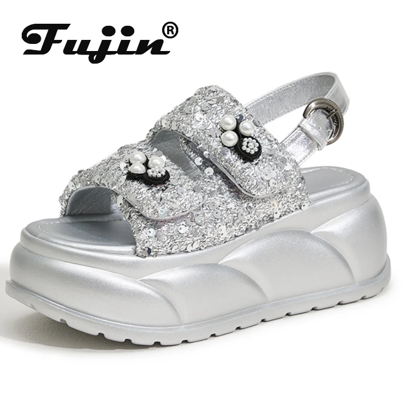 Fujin 7.5cm Synthetic Women Casual High Brand Peep Toe Shoes Fashion Slippers Platform Wedge Sandals 2024 Summer Bling Hollow