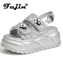 Fujin 7.5cm syntetyczne damskie dorywczo wysokiej marki Peep Toe buty modne kapcie platformy sandały na koturnie 2024 letnie Bling Hollow