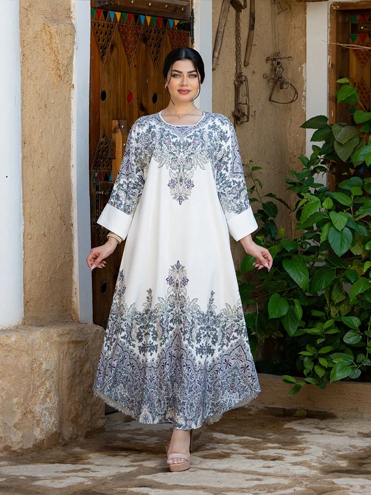 TOLEEN Women Floor-Length Dresses Fashion Embroidered Flares Floral Print Loose O-Neck Women 's Gown Elegant Evening Dress