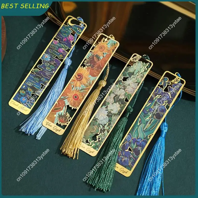 N09R-Painted Metal Bookmarks Hollow Gold Printed Bookmarks Stationery Gift Withtassels
