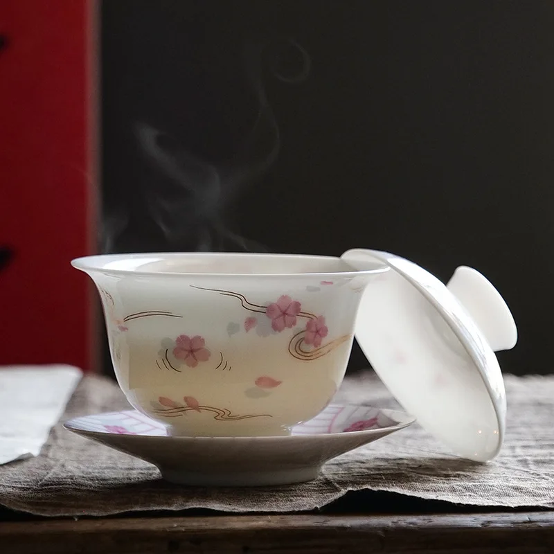 White Porcelain Egg-Shell Porcelain Cover Teacup Tea Bowl High-End Porcelain Kung Fu Tea Set Tea Maker Porcelain Gaiwan