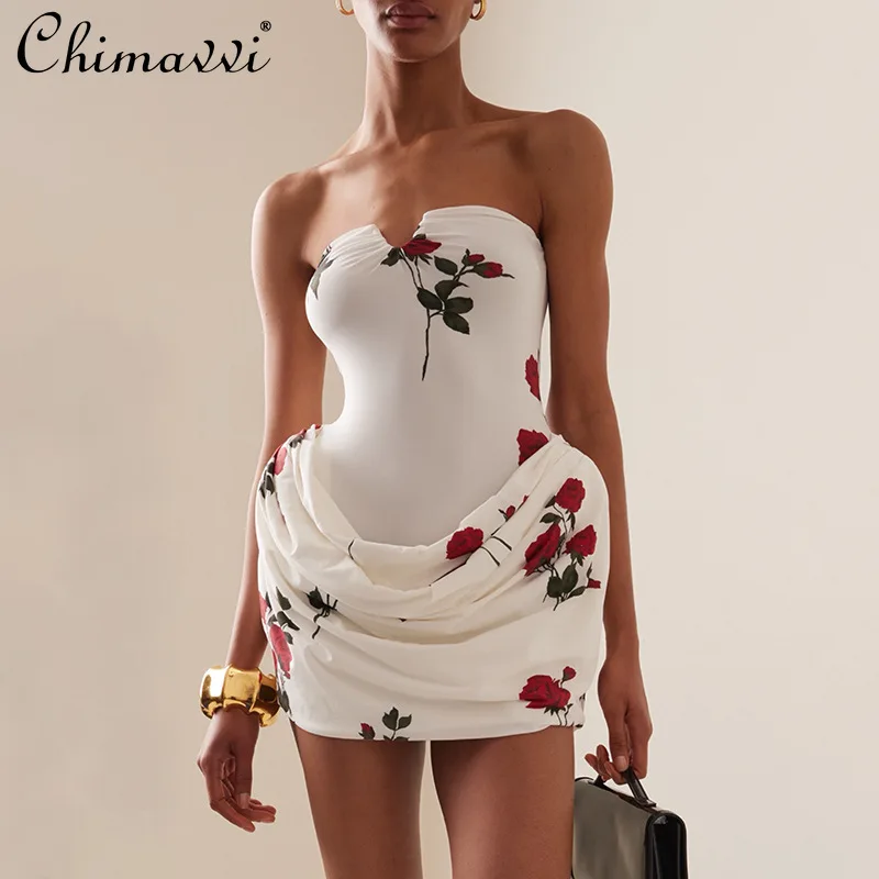 French Socialite Style 3D Fishbone Slim Fit Strapless Short Dress Printed Pleated Sexy Hip-wrapped Elegant Evening Dress Women