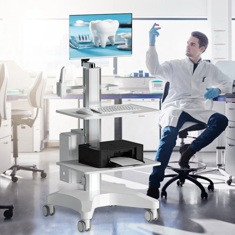 ABS Plastic Aluminum Alloy Dental Clinic Trolley Cart Oral Scan Cart With Wheels and 2 Plates for  Using Computer Cart