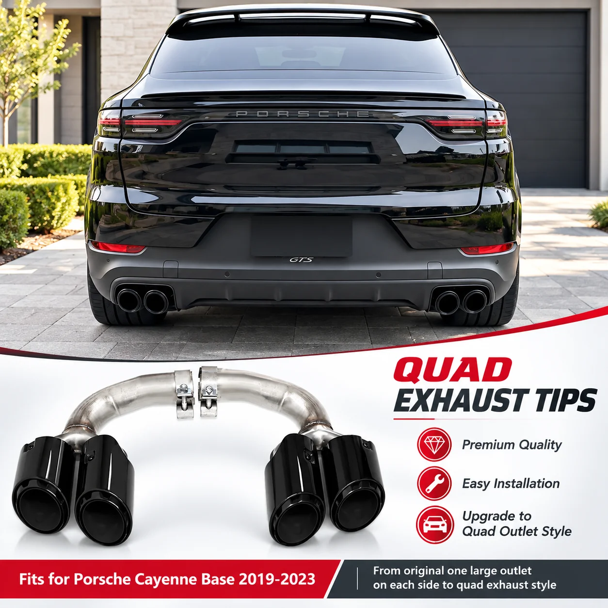 Upgraded Quad Exhaust Tips For Porsche Cayenne 9Y0 Base 2018-2024 Square To Quad Conversion Stainless Steel Muffler Tailpipes