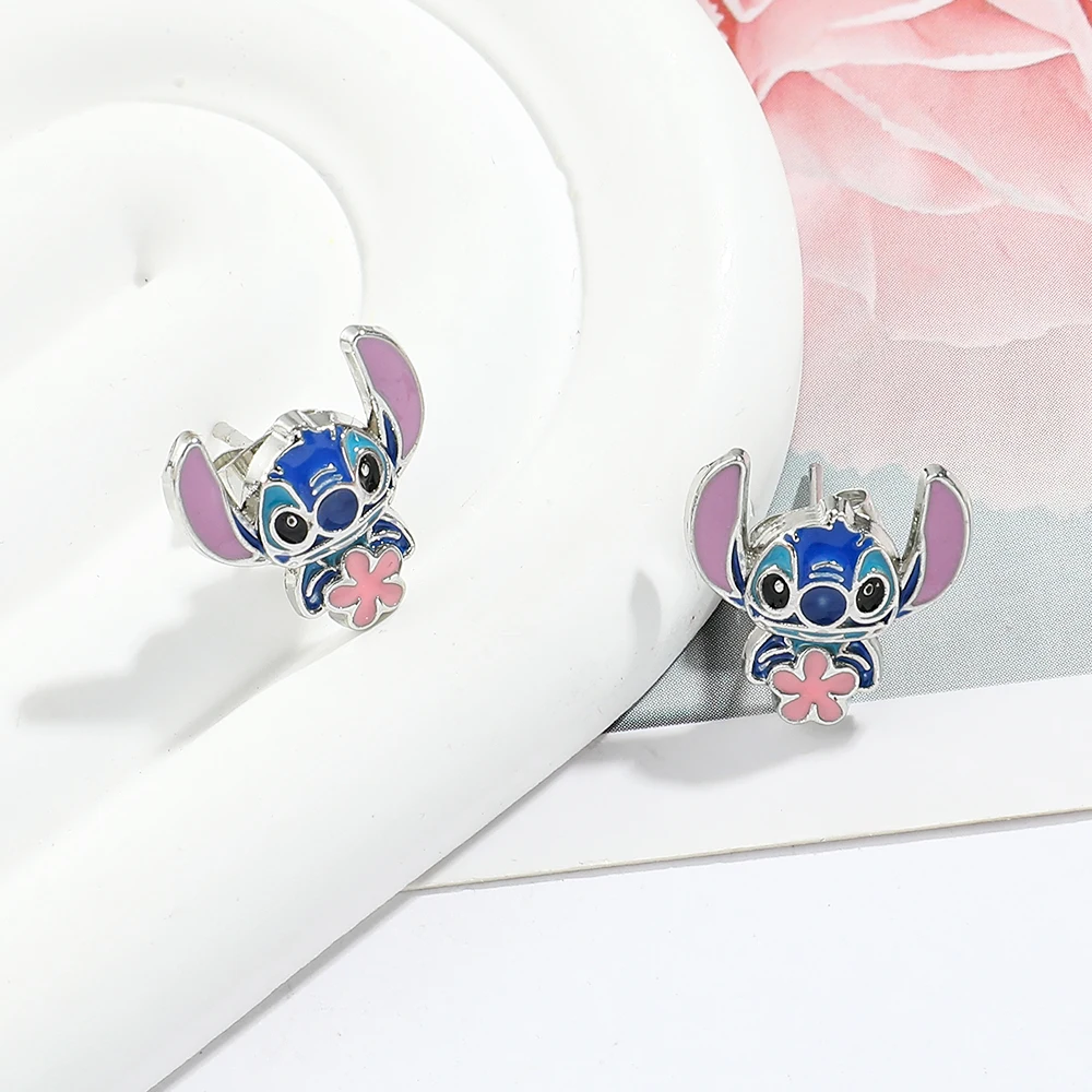 Disney Cute Cartoon Stitch with Flower Stud Earrings for Women Teen Girls Lovely Ear Accessories Jewelry Gifts for Fans