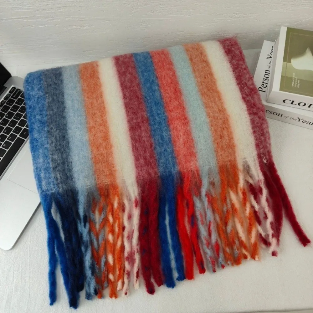 Soft Grid Scarf Thickening Rainbow Tassel Winter Cashmere Scarf Neck Warmer Mohair Plaid Scarf for Versatile Winter Essential