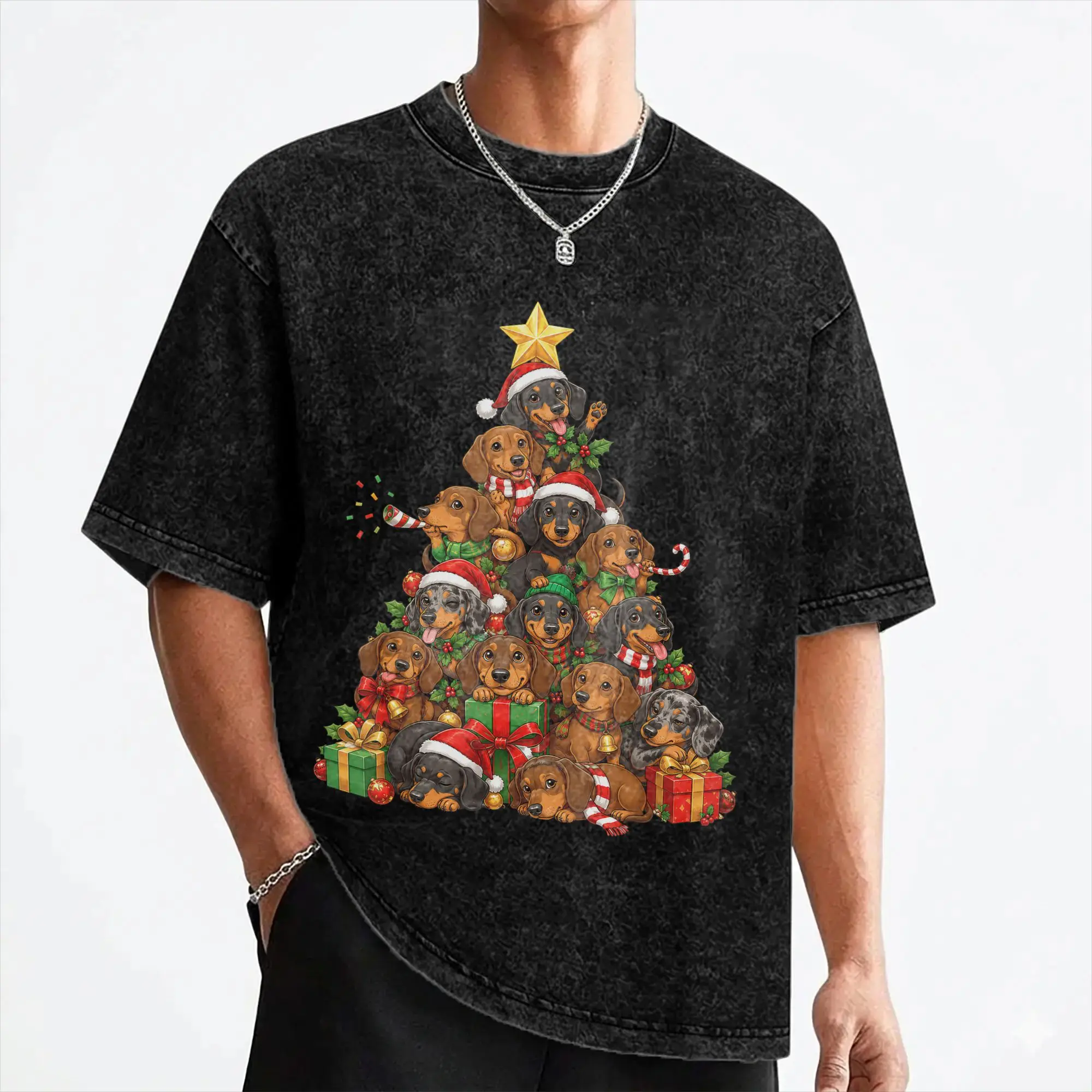 Dachshund Christmas Tree Holiday Puppy T Shirt Washed Short Sleeve Street T-Shirt for Men Women Streetwear Summer Tee Shirt