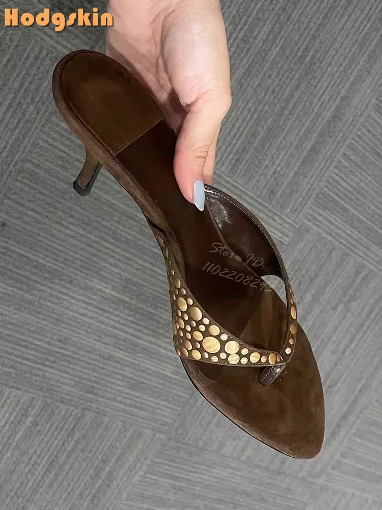 

Retro Rivet Stiletto Slippers Brown Suede Round Toe Flip-flops Sandals Pull-on 2025 New Women Summer Outdoor Fashion Mules