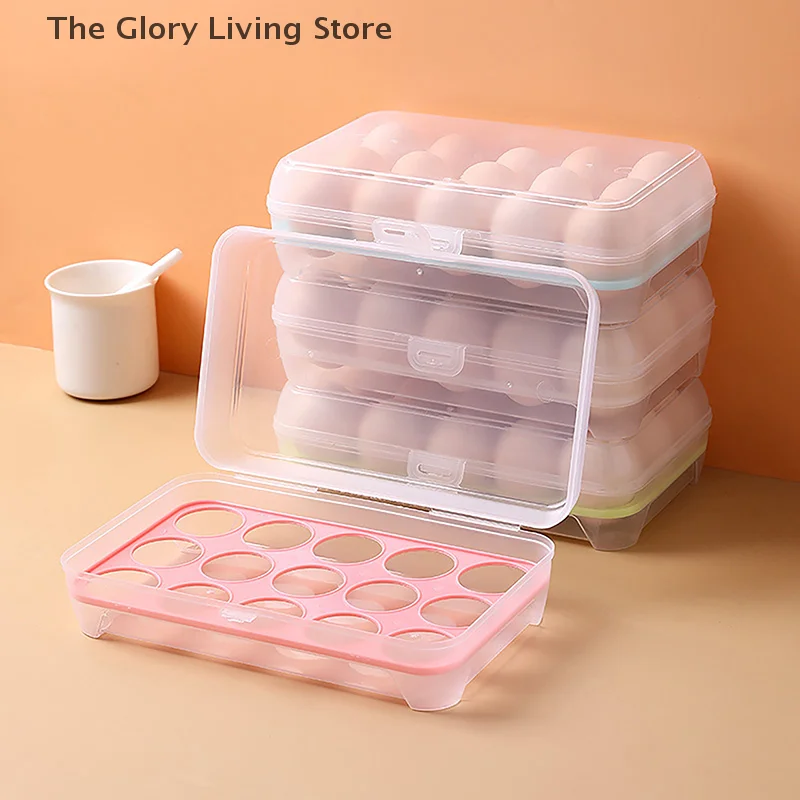 15 Grids Egg Storage Box Egg Carton PP Case Egg Box Tray with Lid Drawer Refrigerator Cases Compartment Storage Egg Rack Support