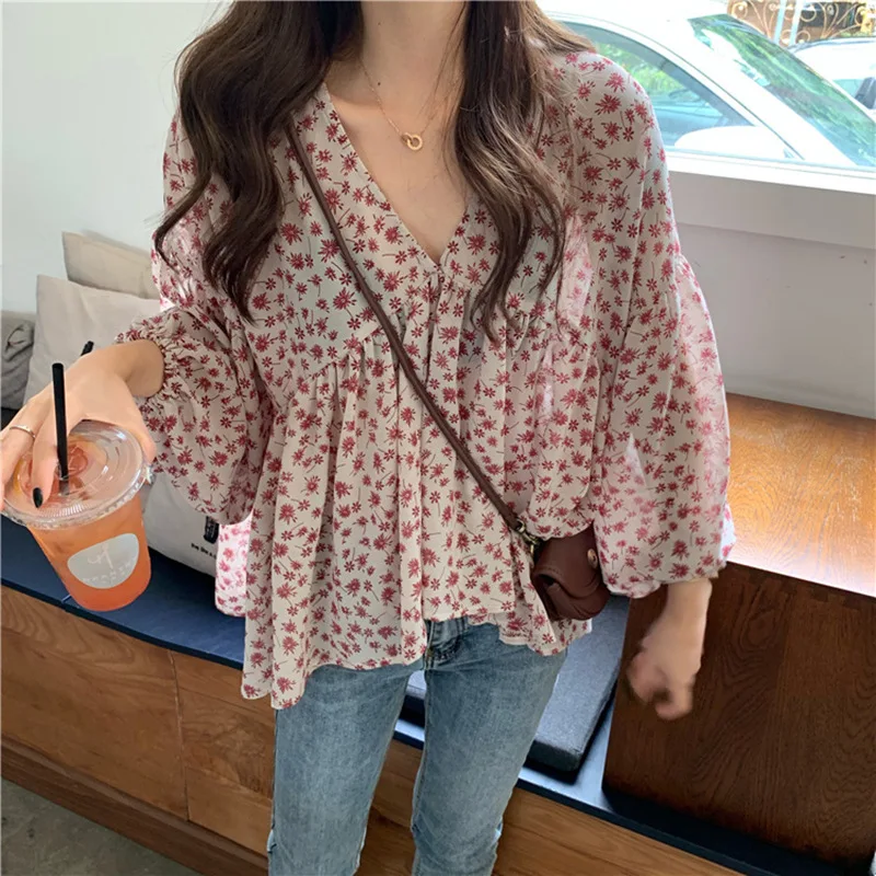 V-neck Chiffon Shirt Women Sweet Tops Blouse 2023 Spring Korean Floral Print Long Sleeve Casual Loose Slim Lady Clothes New 9307