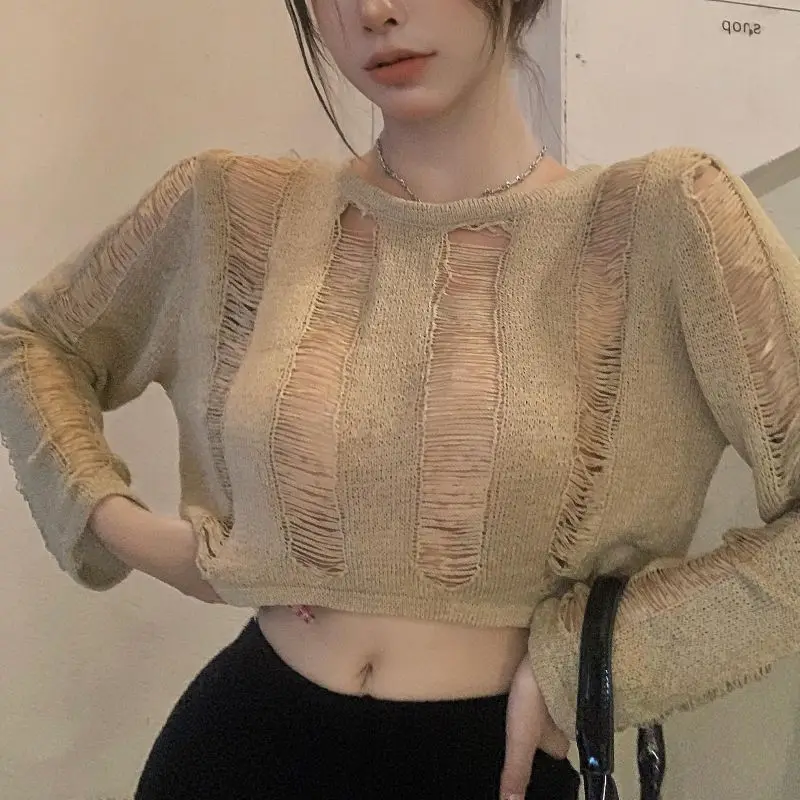 Autumn Clothes Women Sweater Knitwear Chic Hollow Out Back Bandage Lace Up Pull Femme Crop Top Solid O Neck Pullover