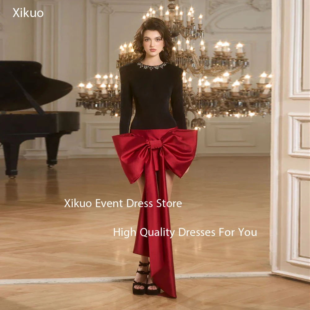 

Xikuo Vintage Bow Satin Prom Gowns High Neckline Vestidos De Fiesta Elegantes Mini Two Toned Cocktail Party Dresses Customized