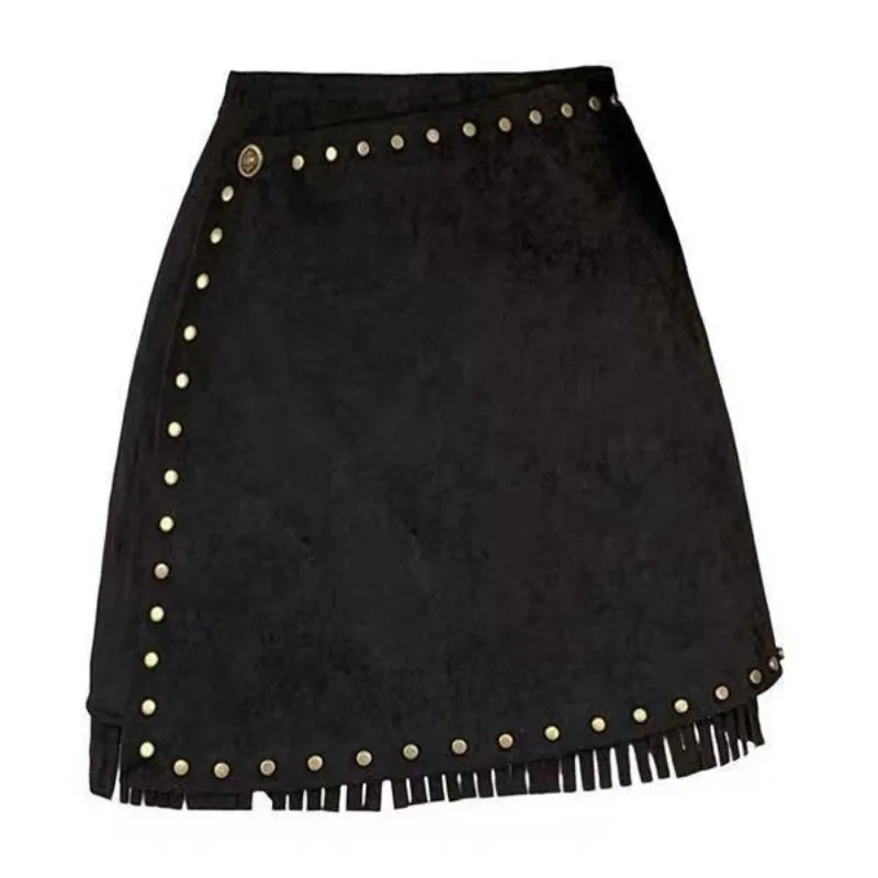 تنورة بنية عالية الخصر تتميز بمسامير ثقيلة من جلد الأيل مخملية للخريف والشتاء طراز ريترو جديد ملمس راقي #3