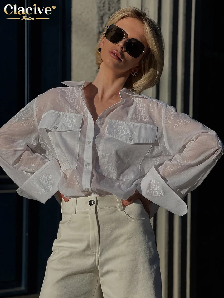 Clacive Fashion Loose Print Women's Shirt 2025 Casual Lapel Long Sleeve Blouse Elegant Classic Pockets Top Female Clothing