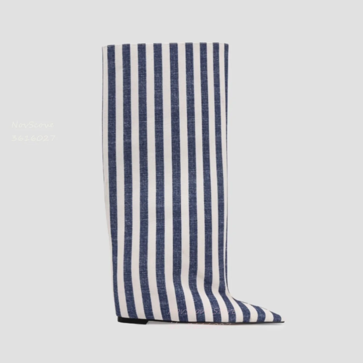 Pointy Toe Striped Knee High Booties Inner Wedges Heels Slip On Mixed Color Long Booties Loose Boots Shaft Autumn Women Shoes