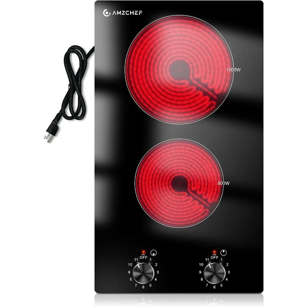 

AMZCHEF 12-дюймовая электрическая варочная панель с 2 конфорками, 1800 Вт/11 уровней, 2 конфорки, верхняя часть с ручкой управления, столешница и встроенная сияющая Ele