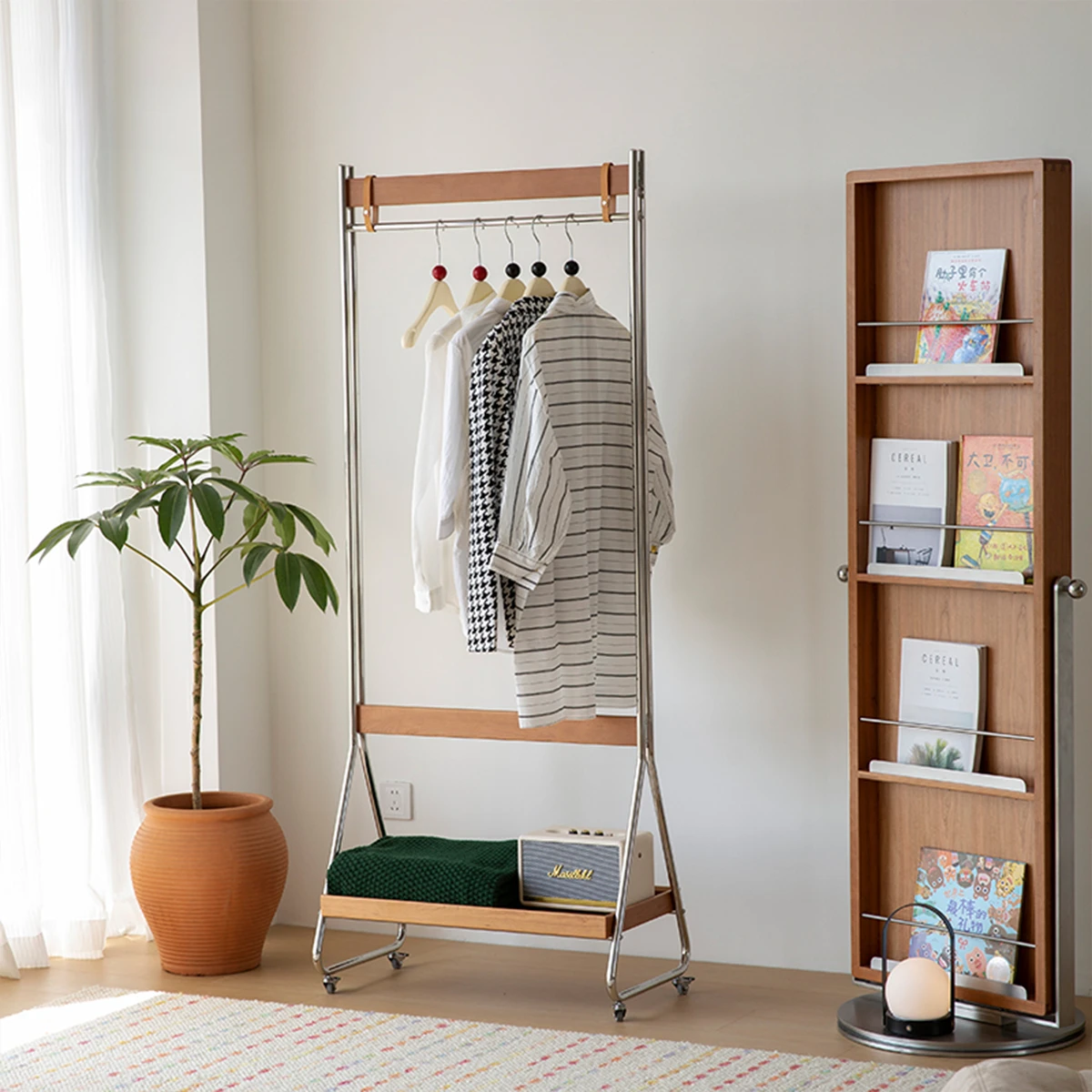 

Solid wood hanger floor bedroom small apartment stainless steel coat rack Bauhaus removable hanger