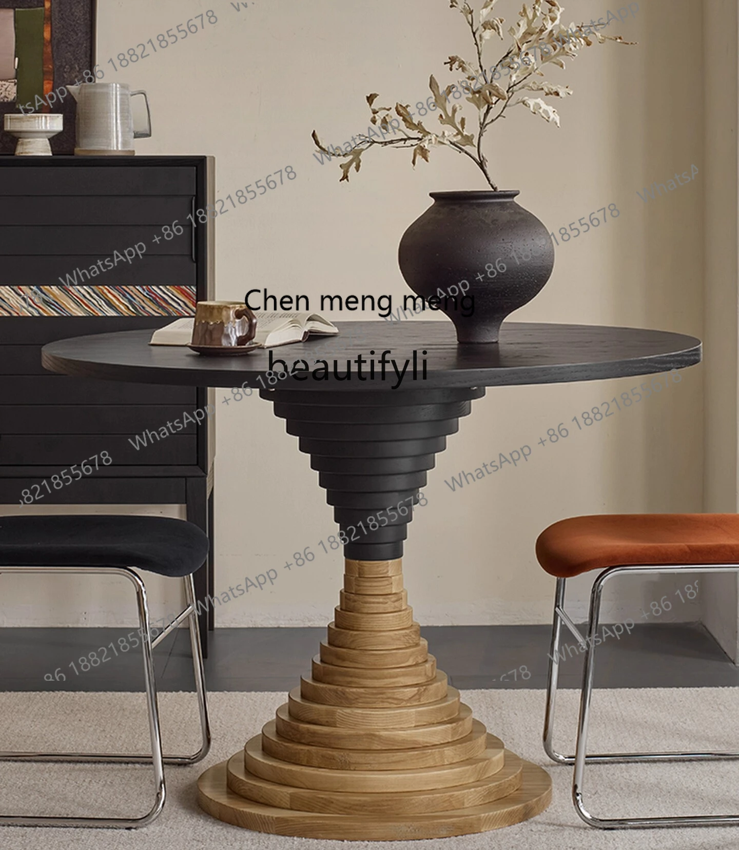 X  Solid wood dining table, small apartment living room household ash wood retro round table eating table and chairs