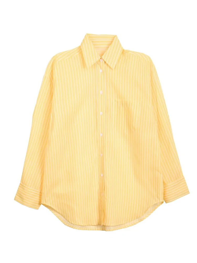 2024 summer new women\'s clothing fashion simple lazy style all-match yellow casual long-sleeved striped loose shirt