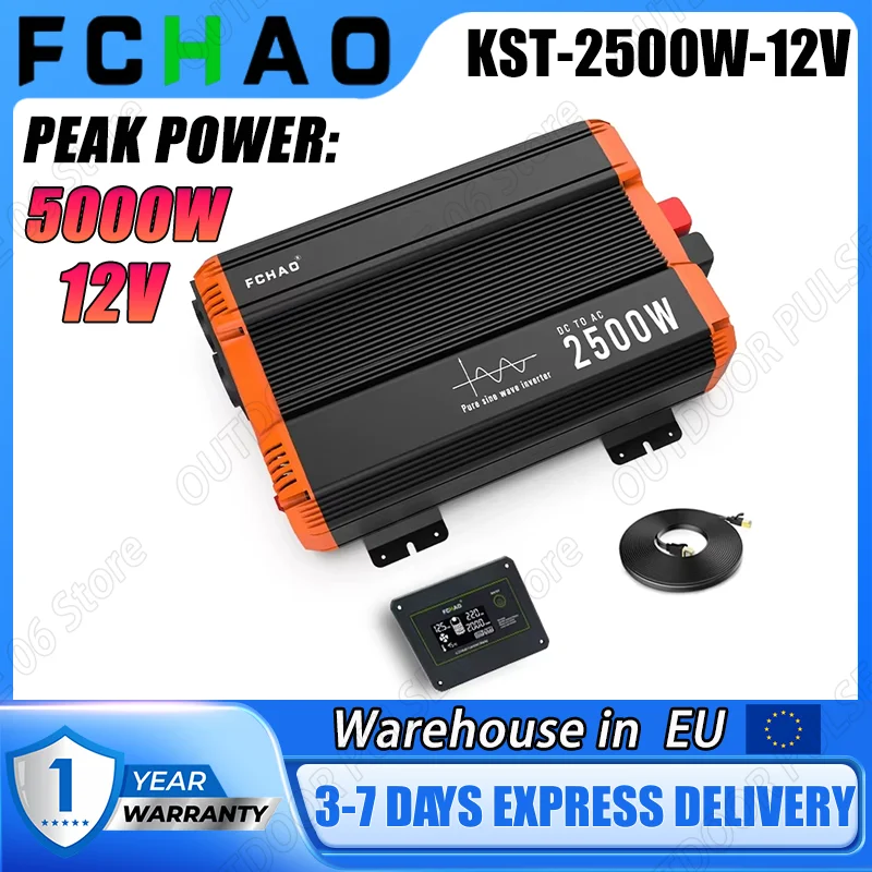 FCHAO 2500 Watt 50Hz Wechselrichter mit Doppelsteckdose DC 12V zu AC 220V/230V Reiner Sinuswellen-Wechselrichter für Zuhause, Outdoor und Reisen