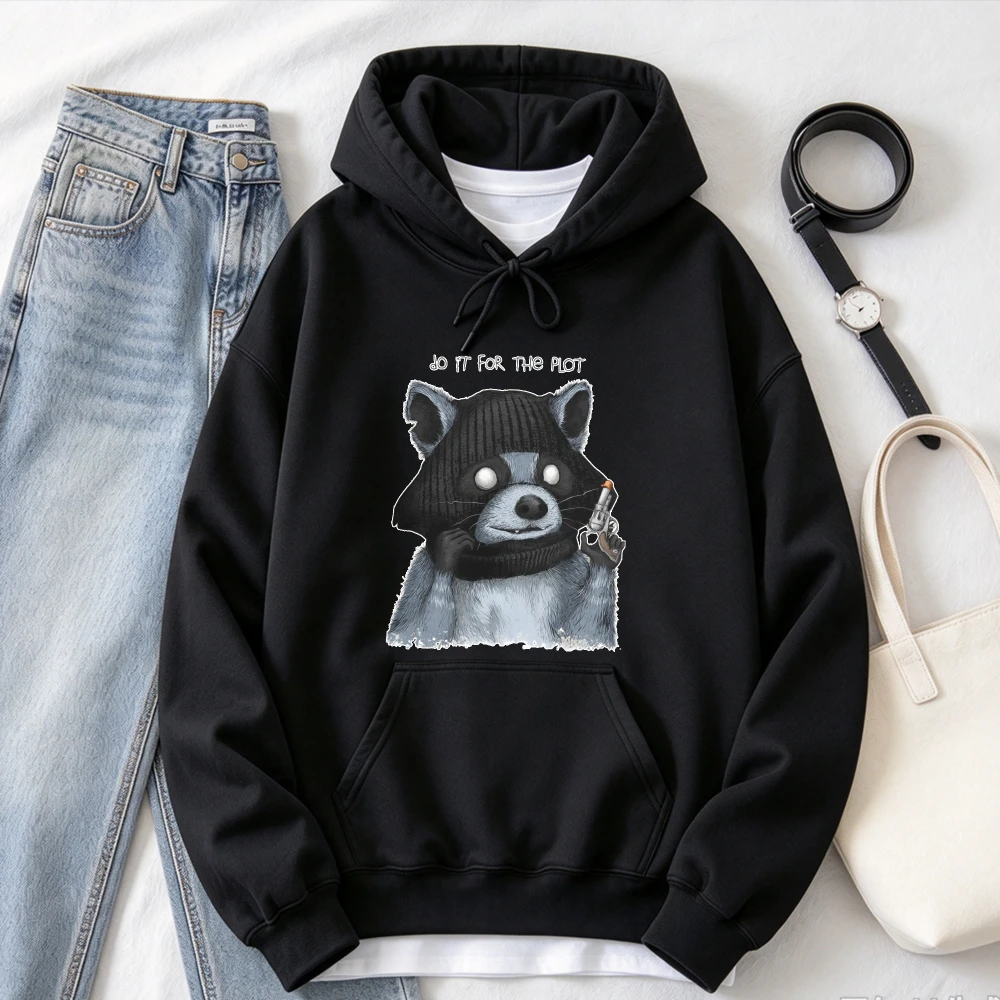 Do It for The Plot Funny Bandit Raccoon Graphic Hooded Sweatshirt Weird Meme Raccoon with Gun Print Pullover Long Sleeve Casual