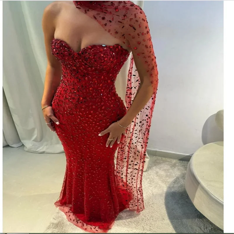 

Индивидуальные красные блестящие платья русалки без бретелек для выпускного вечера длиной до пола, элегантное вечернее платье с бисером и открытой спиной, платья de festa