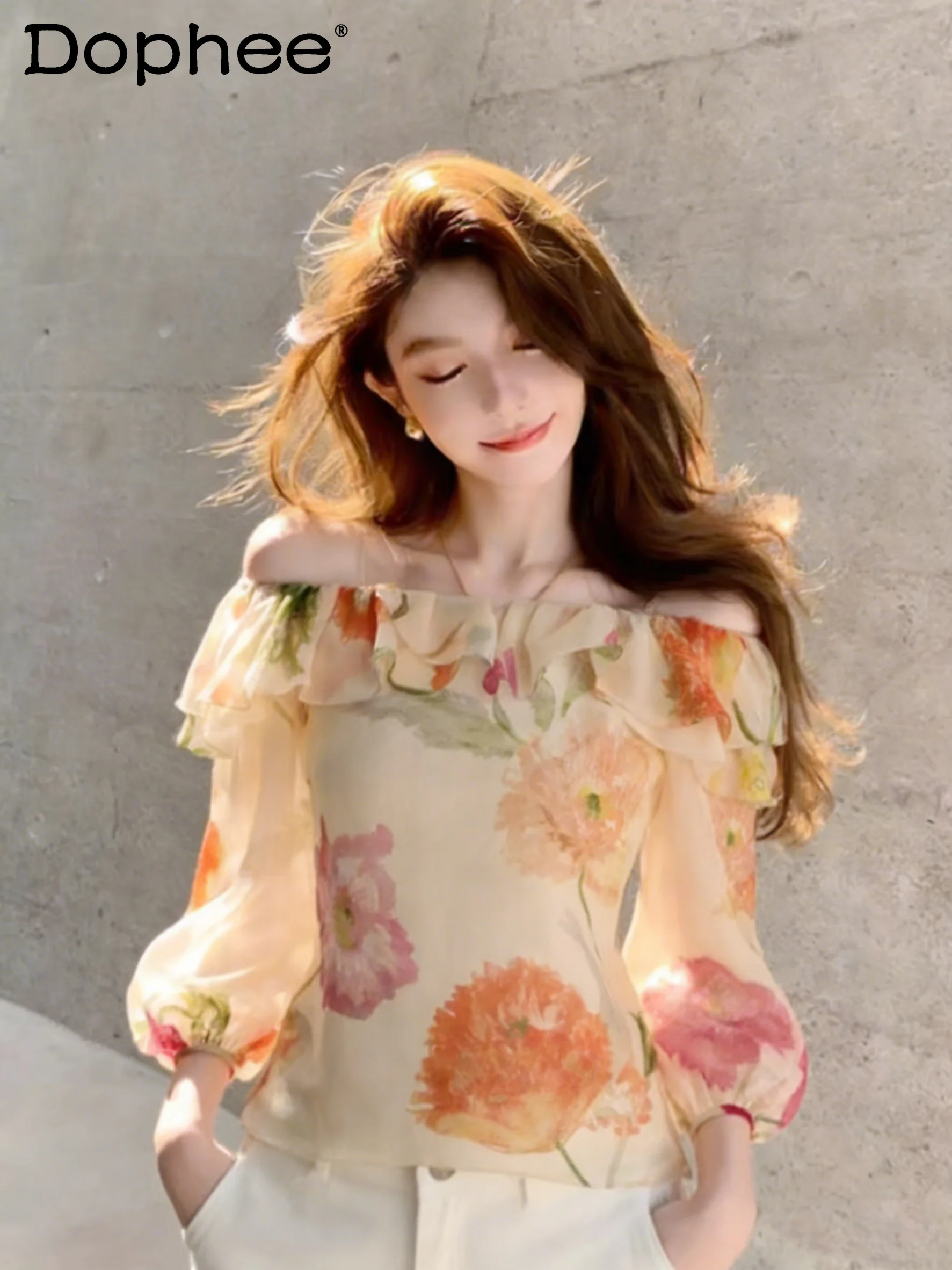 

2026 Spring New Gentle Temperament Sweet Girl Long Sleeve Shirt Ruffled Off-Shoulder Casual Versatile Top