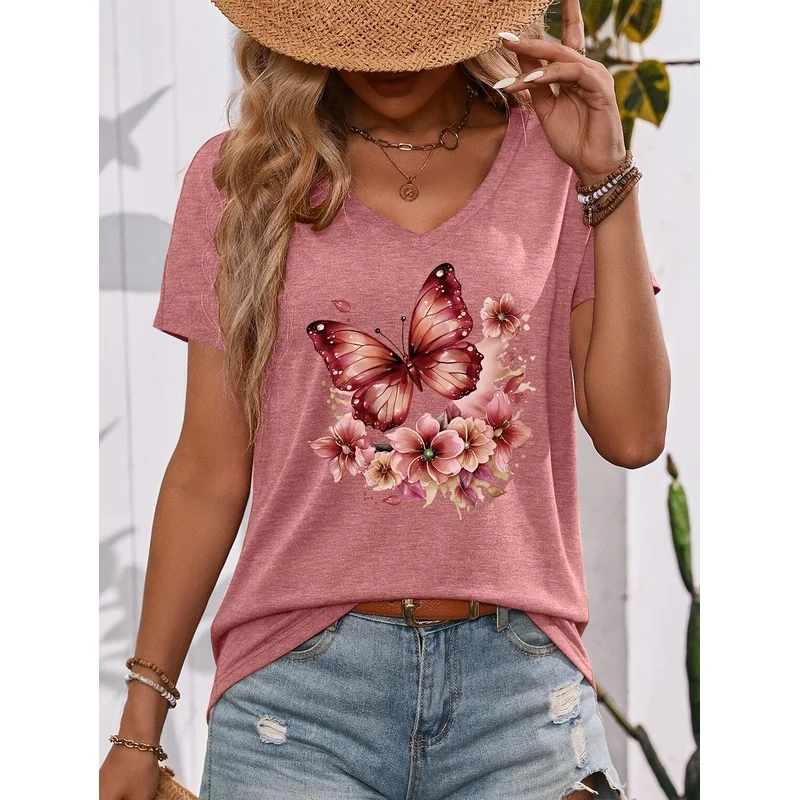V-Neck Design, Skin-Friendly and Breathable Fabric, Butterfly and Floral Print Pattern, Casual and Versatile Style, Easy to Mix