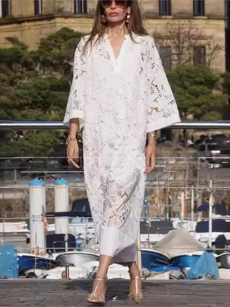 White Embroidery Lace Dress Women Spring Sexy V Neck Hollow Out Party Dress New Boho Loose Long Dress Holiday Ladies Clothing