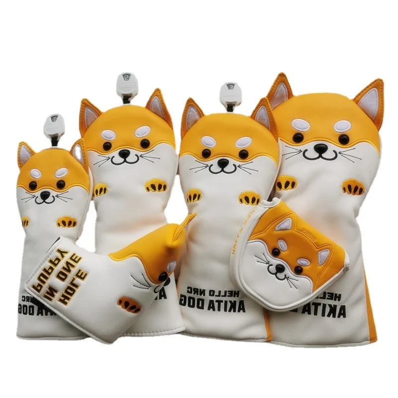 Plush Cute Akita Dog Cartoon Animal Golf Club Head Covers Driver Fairway Wood Hybrid Covers Set Golfing Driver Fairway Cover