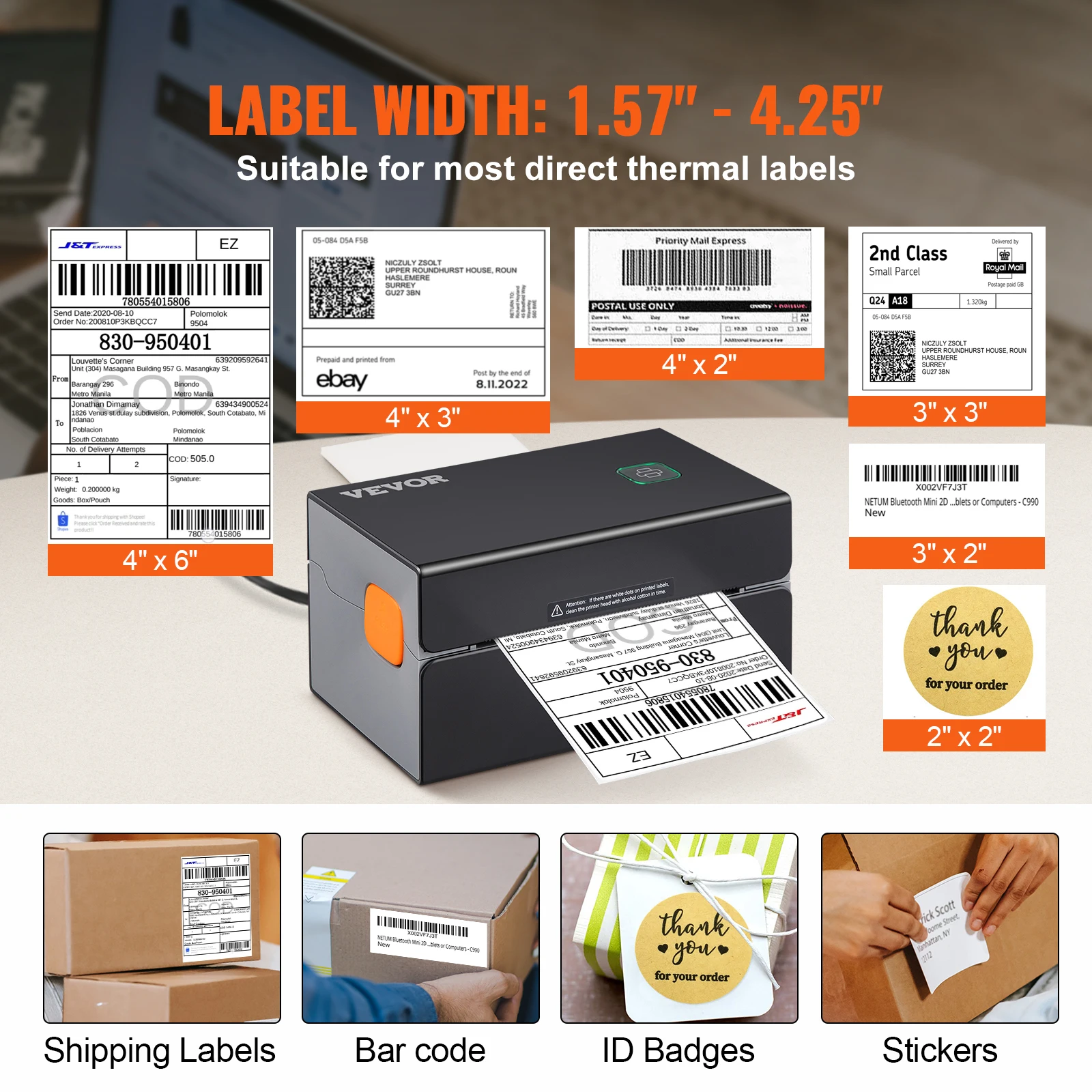 VEVOR Pencetak Label Pengiriman Printer Label Thermal Bluetooth dengan Pengenalan Label Otomatis Mendukung Windows/MacOS/Linux/Chromebook