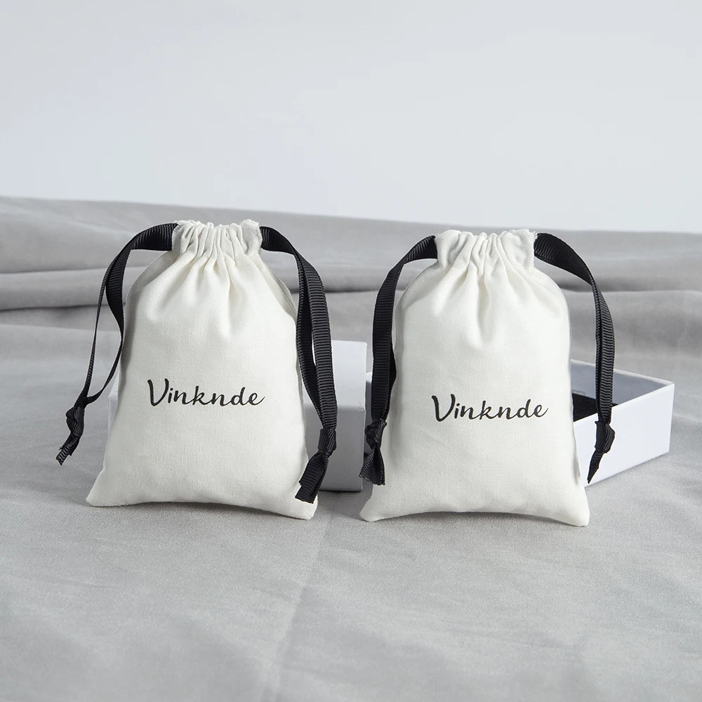 

New White Canvas Bags with Black Drawstring Custom Logo Printing Gift Cotton Pouch Ring Earrings Jewelry Packaging Organizer Bag