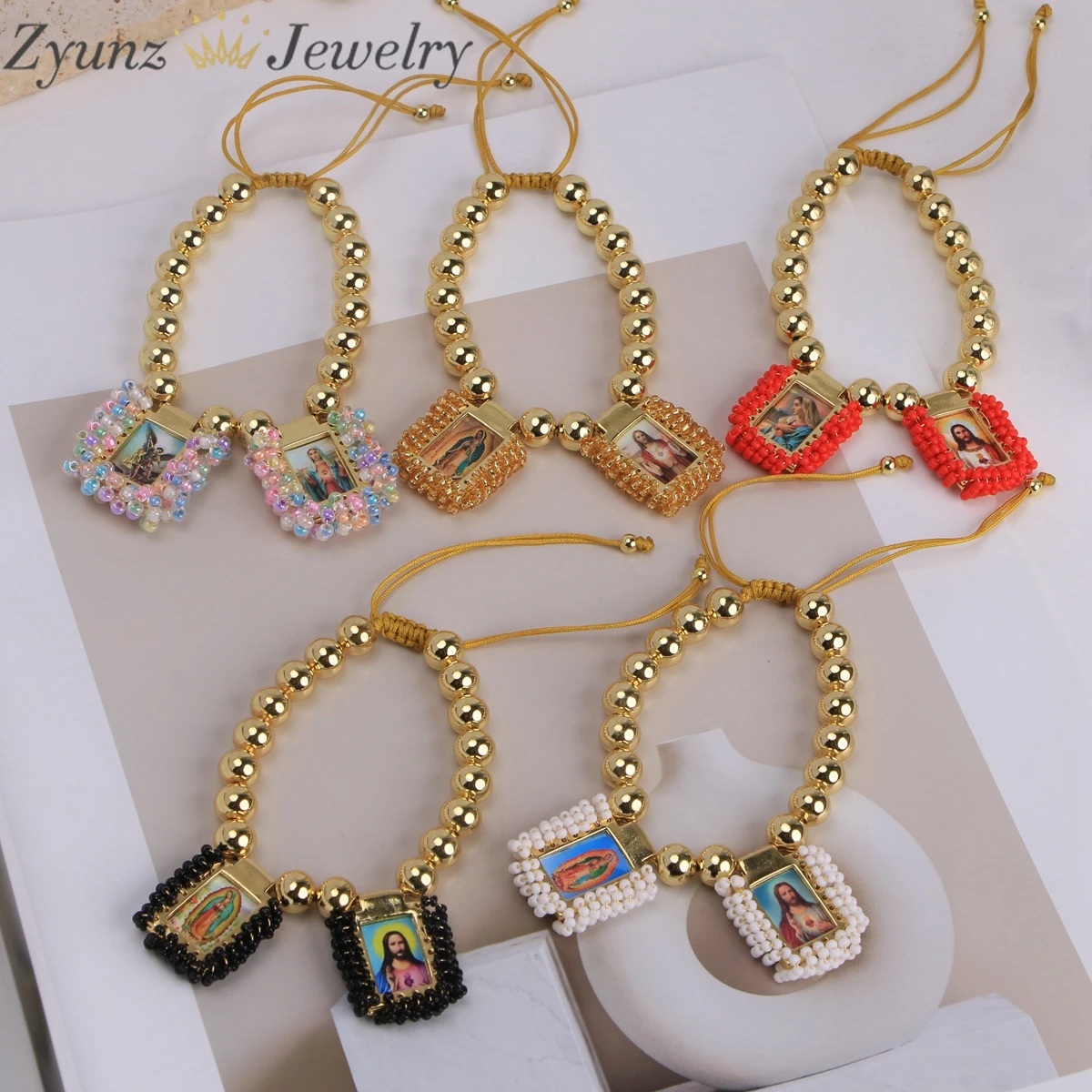 5PCS, Gold Plated Scapular Medal Bracelet Copper Beads Catholic Virgin Mary Guadalupe Rope Religious Jewelry Gift