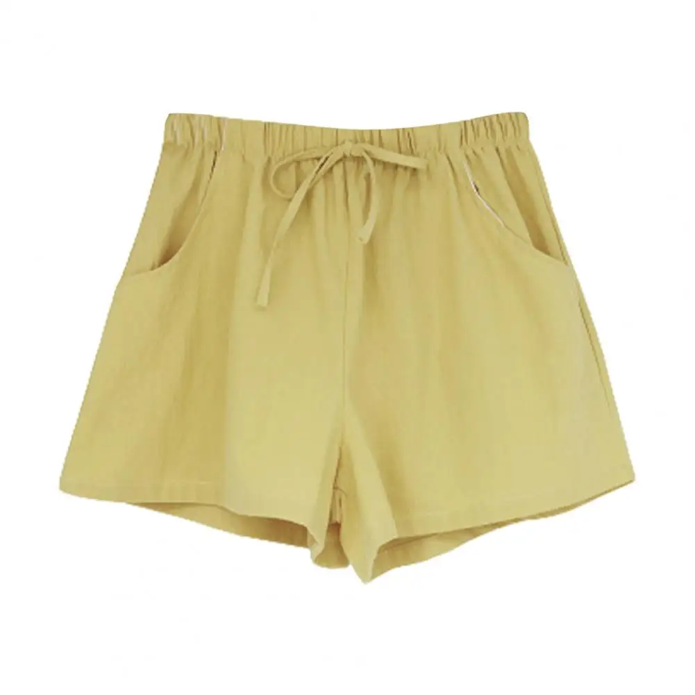 Summer Women Shorts Drawstring High Elastic Waist A-line Solid Color Loose Side Pockets Pleated Casual Homewear Sports Short Pa