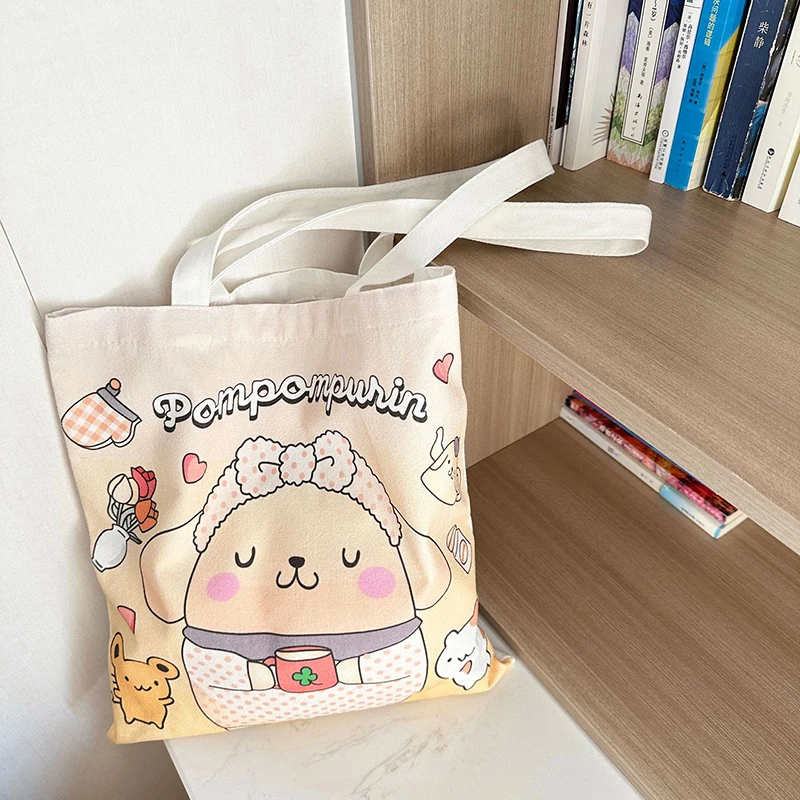 Kawaii Sanrio Canvas Bag Kuromi Hello Kitty Cinnamoroll Women\'s Shoulder Bags Casual Large Capacity Shopping Bag