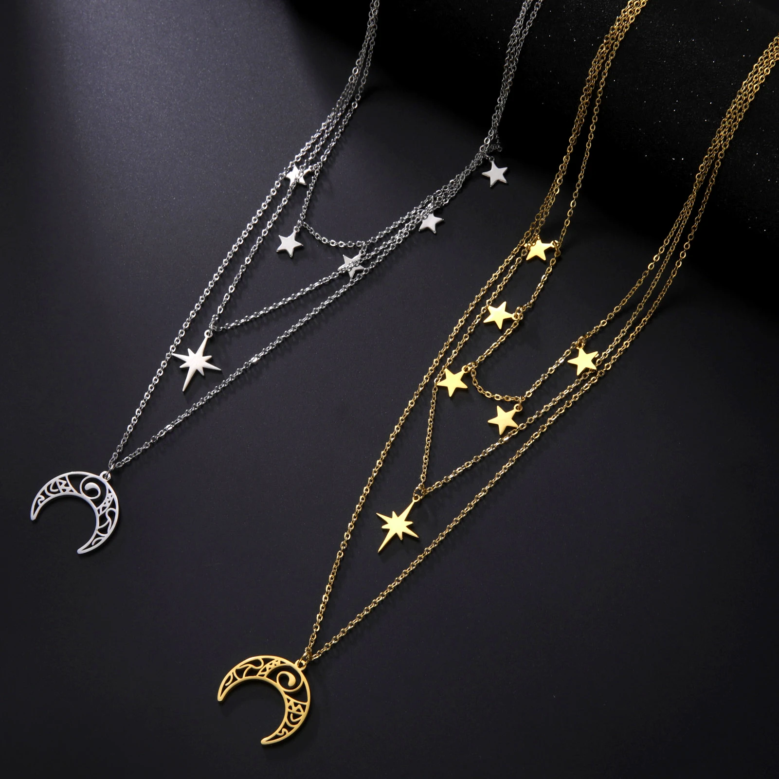 Teamer Three Layer Witchy Necklace for Women Star Moon Stainless Steel Necklaces Choker 2024 Layered Jewelry Clavicle Chain Gift