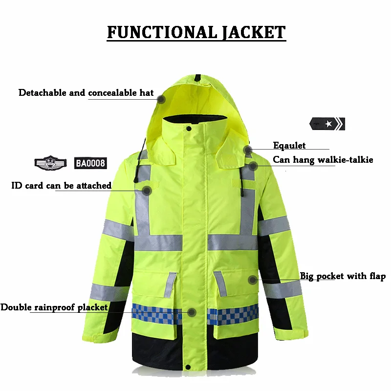 Men\'s Windproof Jackets Hooded Outdoor Waterproof Clothing Workwear Long Sleeve Jerseys Reflective Jacket With Warm Down Liner