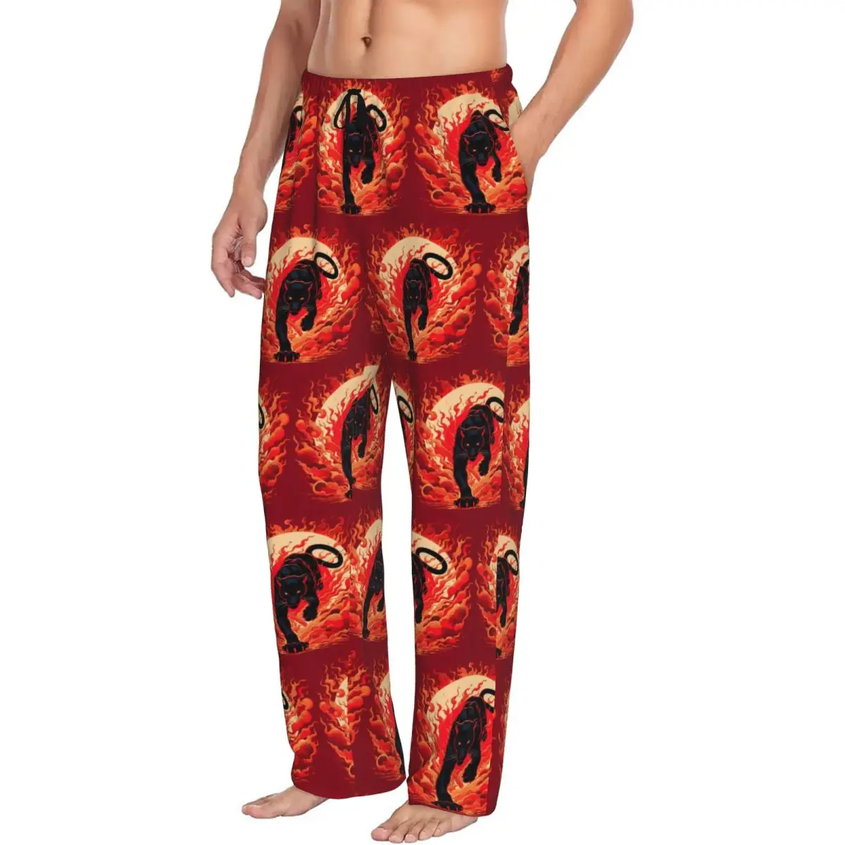 Custom Black Panther Leopard Walking From Flame Pajama Pants Men Sleepwear Sleep Lounge Bottoms with Pockets