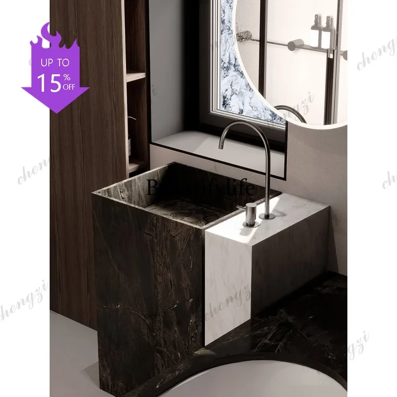 03 art high-end rock slab integrated seamless column basin bathroom custom washbasin floor bathroom cabinet